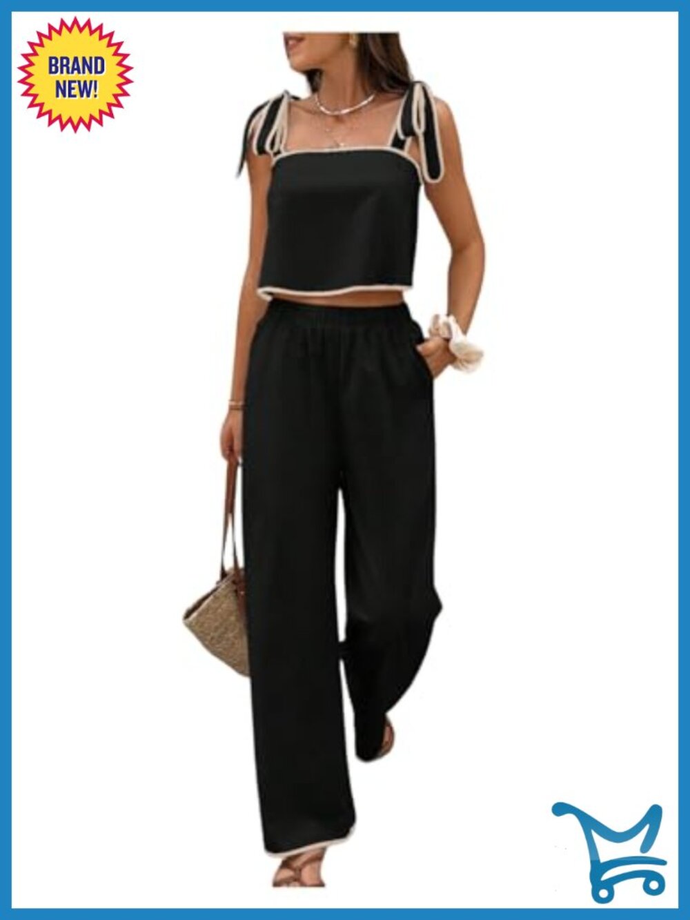 2 Piece Set Tie Shoulder Crop Top and Pants Travel Outfits